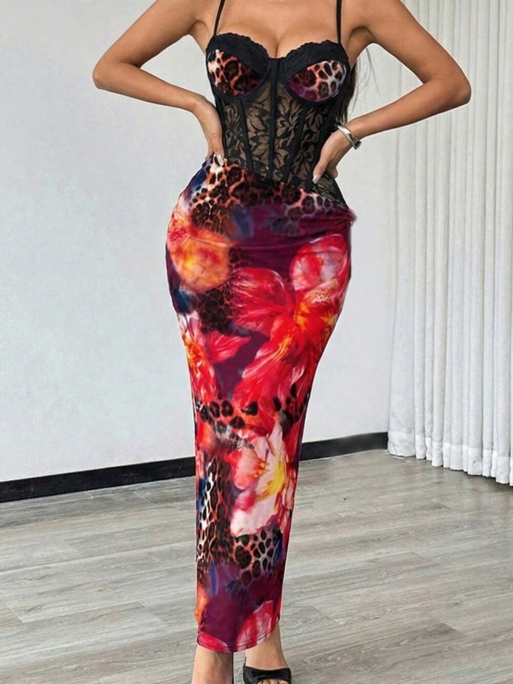 Red Sexy Women's Leopard Print Dress with Sheer Lace, Slit - Picture 6 of 6